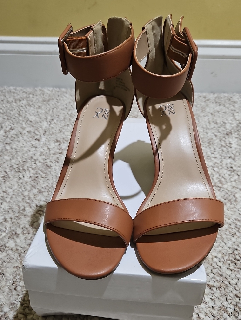 New York & Company Tan Ankle-Strap Block Heel Sandals